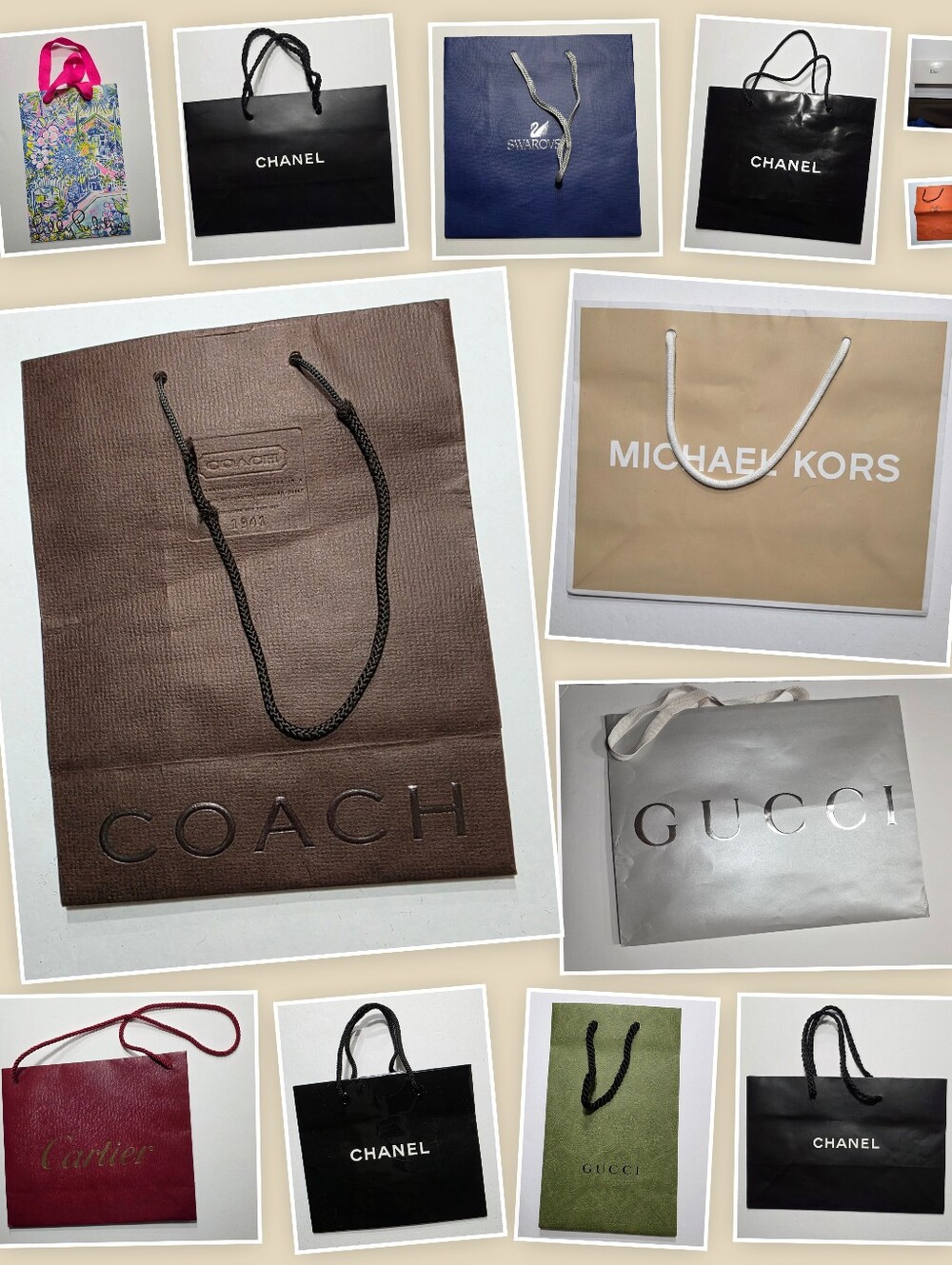 Designer Shopping Bag Lot Cartier Chanel Hermes Coach Swarovski Dior Gift Box